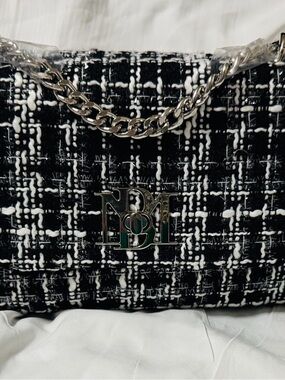 Badgley Mischka Black and White Tweed Chain Crossbody Bag